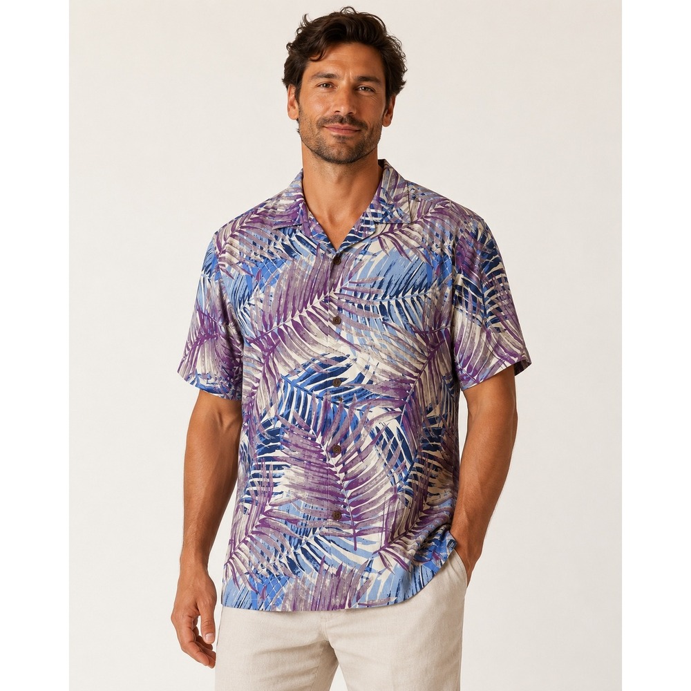 Tommy Bahama San Juan Frond Silk Blend Shirt Men's Hawaiian Aloha L Purple Blue